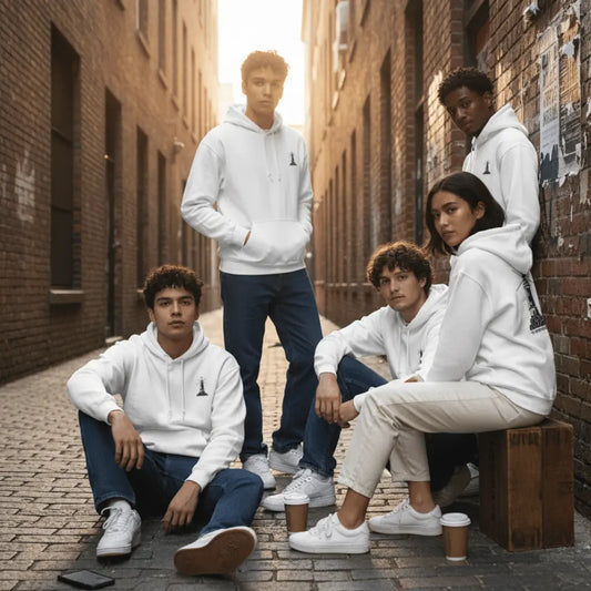 Iconic Street Vibe: White Hoodie with Signature Lighthouse Logo | Gildan® 18500 White