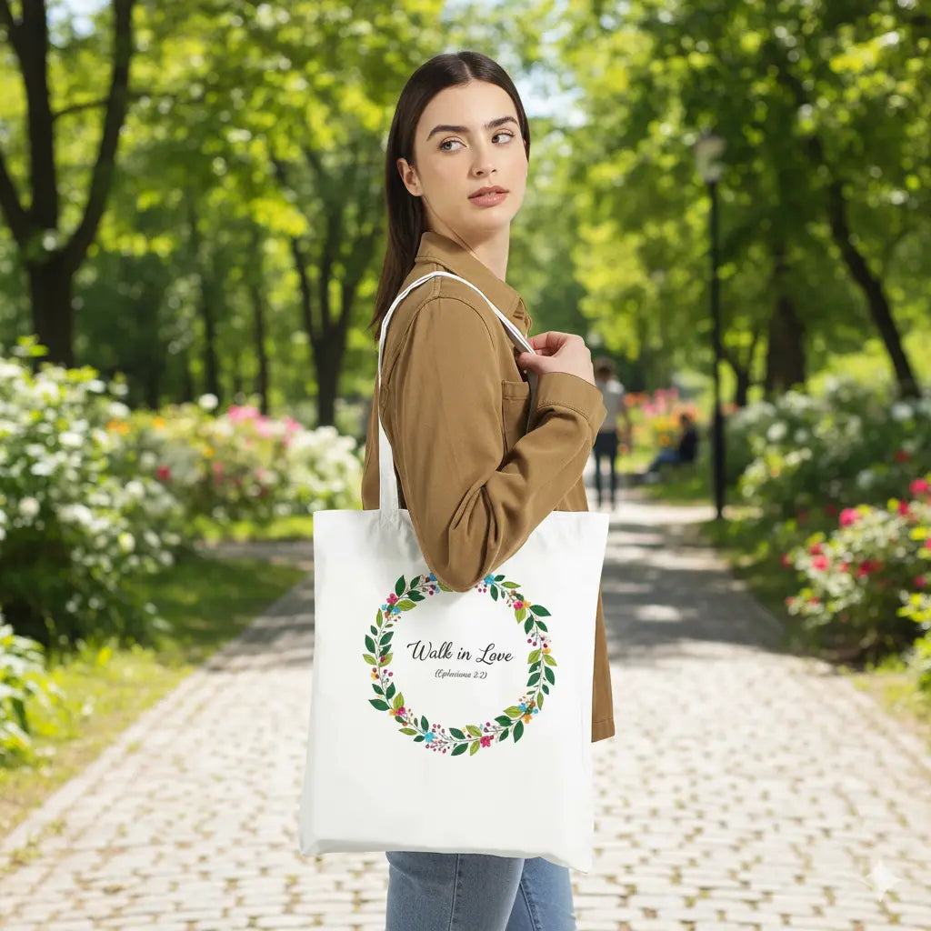Walk in Love Botanical Wreath Classic Tote Bag - Vibrant Floral Scripture Design JazzyCrafting
