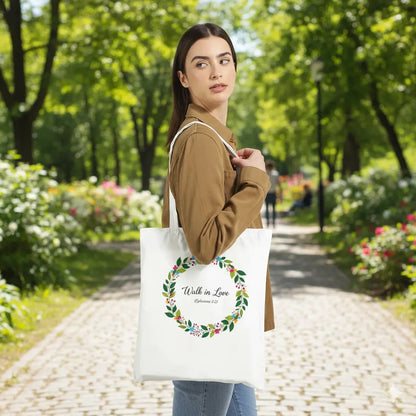 Walk in Love Botanical Wreath Classic Tote Bag - Vibrant Floral Scripture Design JazzyCrafting