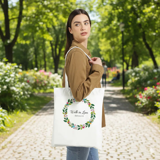 Walk in Love Botanical Wreath Classic Tote Bag - Vibrant Floral Scripture Design JazzyCrafting